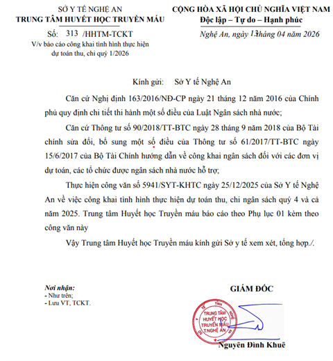 Báo cáo công khai tình hình thực hiện dự toán thu, chi quý 1 năm 2026