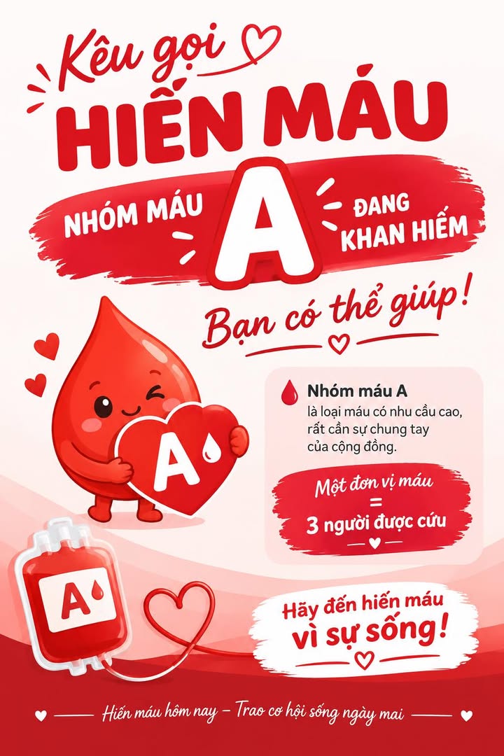 Kêu gọi hiến máu – nhóm máu A đang rất cần! ❤️🩸