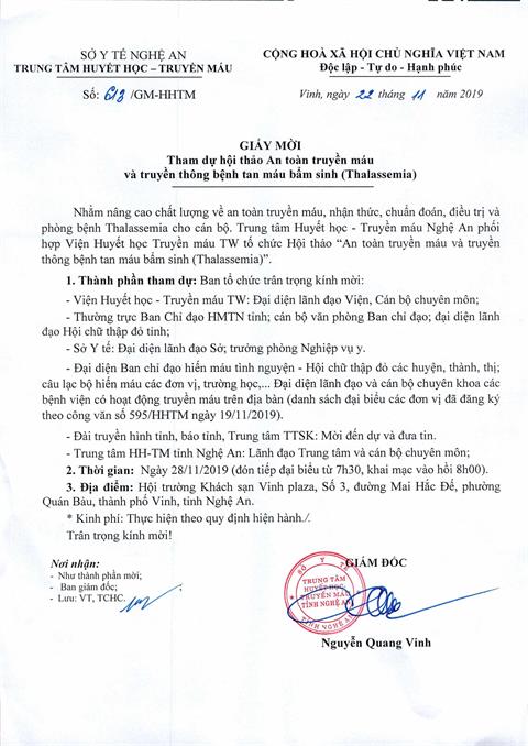 Giấy mời tham dự An toàn truyền máu & Truyền thông bệnh tan máu bẩm sinh (Thalasemia)