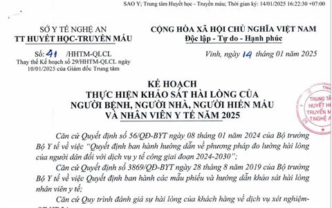 Kế hoạch thực hiện khảo sát hài lòng của người bệnh, người nhà, người hiến máu và nhân viên y tế năm 2025
